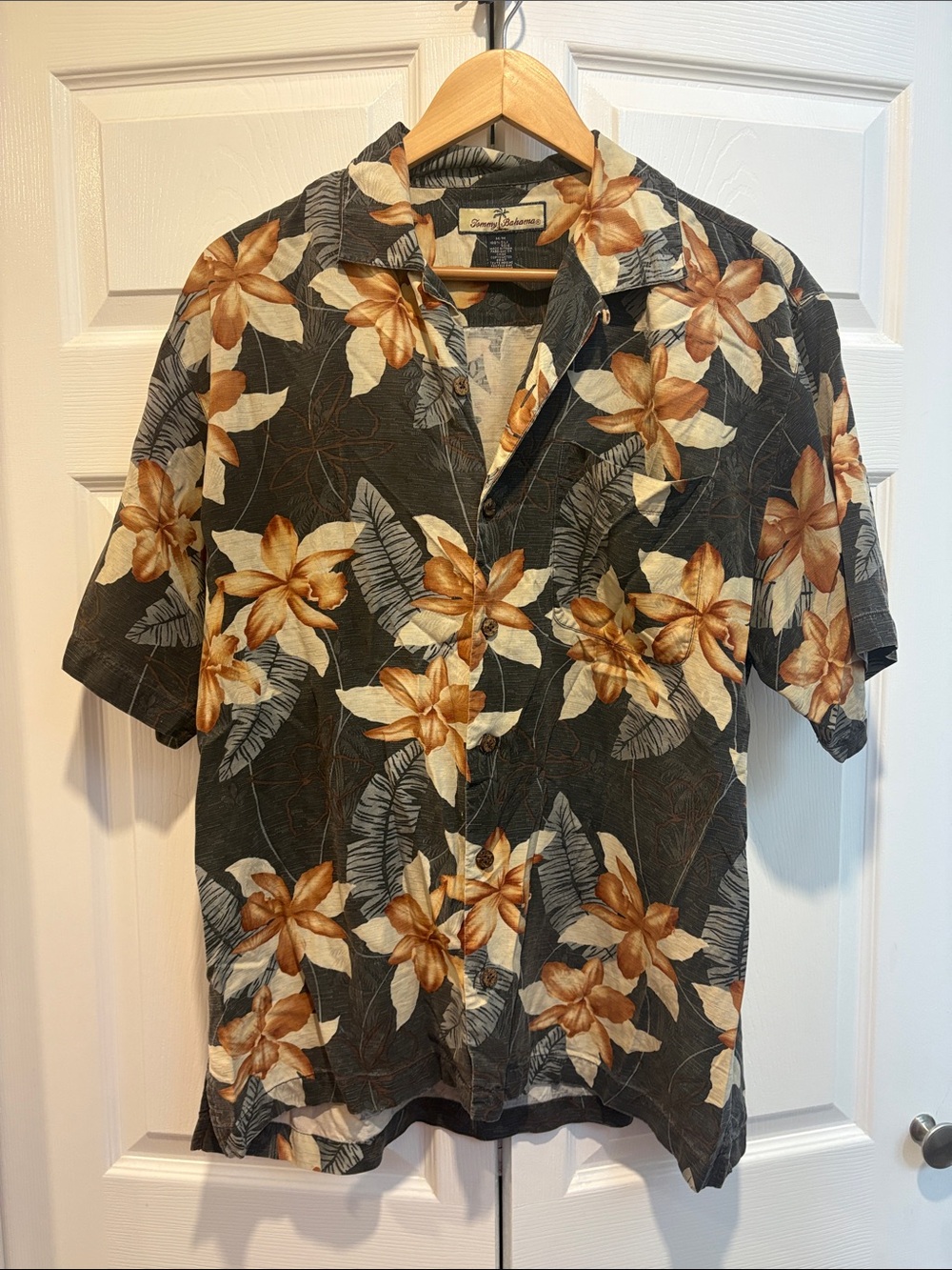 Tommy Bahama Black Hawaiian Shirt with Tan Floral Print